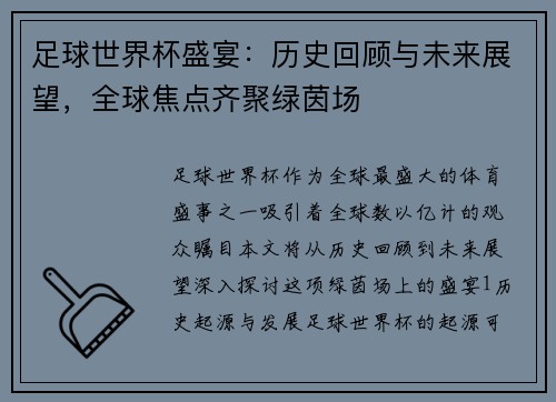 足球世界杯盛宴：历史回顾与未来展望，全球焦点齐聚绿茵场