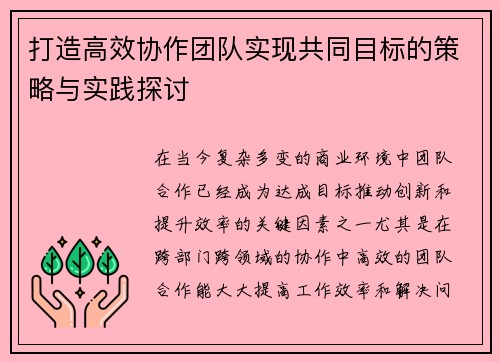 打造高效协作团队实现共同目标的策略与实践探讨
