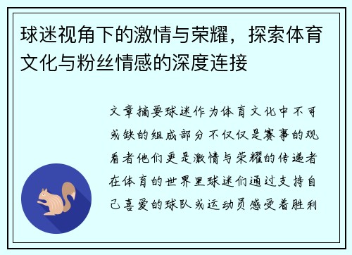 球迷视角下的激情与荣耀，探索体育文化与粉丝情感的深度连接