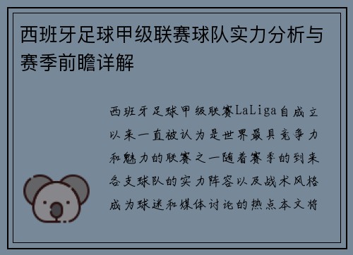 西班牙足球甲级联赛球队实力分析与赛季前瞻详解