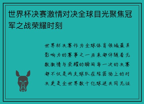 世界杯决赛激情对决全球目光聚焦冠军之战荣耀时刻