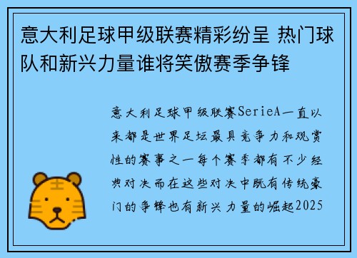 意大利足球甲级联赛精彩纷呈 热门球队和新兴力量谁将笑傲赛季争锋