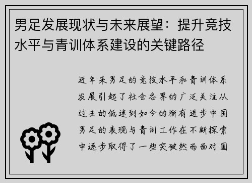 男足发展现状与未来展望:提升竞技水平与青训体系建设的关键路径 男足发展现状与未来展望:提升竞技水平与青训体系建设的关键路径