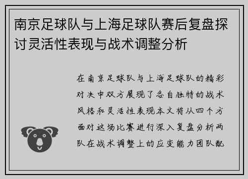 南京足球队与上海足球队赛后复盘探讨灵活性表现与战术调整分析